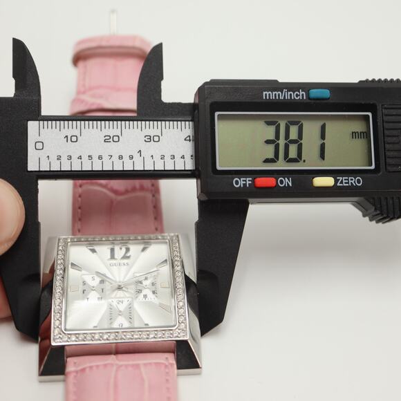 Guess X Elle Silver Tone Square Date Date 28mm Watch Y2K Gem Bezel Pink Leather - Picture 2 of 16